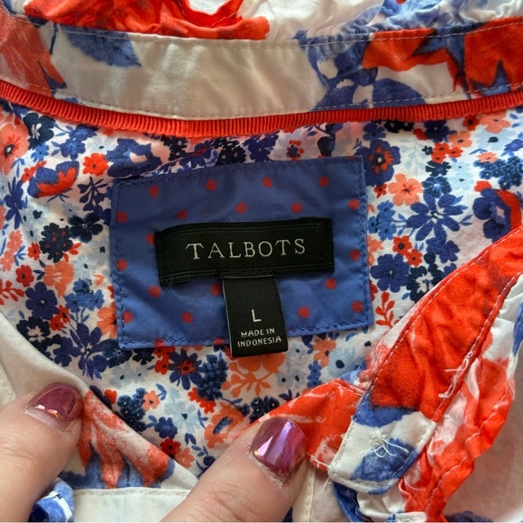 Talbots Floral Ruffle Neck 100% Cotton Popover Poplin Blouse Large Cottagecore - Picture 7 of 11